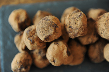Chocolate truffles in cocoa sprinkled. On the slate board on wooden background. Close-up, texture
