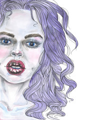 Illustration gerl portrait with purple hair ,made watercolor . on white background