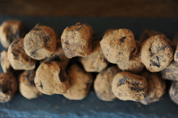 Chocolate truffles in cocoa sprinkled. On the slate board on wooden background. Close-up, texture