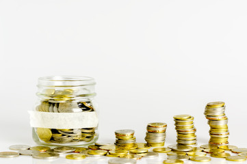 Gold and silver coin close up. Copy space concept for saving fund, financial, banking, investment, money or other your content. Malaysia coins.