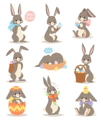Naklejka premium Happy rabbit cartoon character cheerful mammal holiday art hare with basket and cute easter bunny with eggs funny gray animal vector illustration.