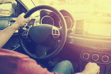 man driving car. Vintage filter process style