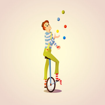 Cartoon Circus juggler juggling balls on a unicycle
