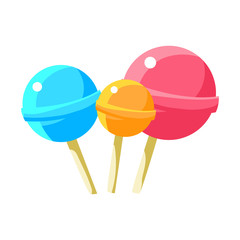 Three Round Lollyops Hard Candy On Stick, Fairy Tale Candy Land Fair Landscaping Element In Childish Colorful Design Isolated Object