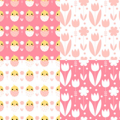 Cute Easter seamless pattern set with chickens and flowers on pink and white background