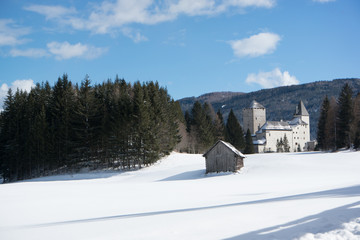 Castle in winter landscape
