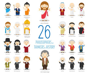 Kids Vector Characters Collection: Satz von 26 großen Philosophen und Denkern der Geschichte im Cartoon-Stil. © asantosg