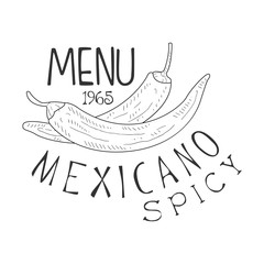 Restaurant Mexican Food Menu Promo Sign In Sketch Style With Chili Peppers, Design Label Black And White Template