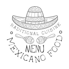 Restaurant Traditional Mexican Cuisine Food Menu Promo Sign In Sketch Style With Sombrero And Maracas, Design Label Black And White Template