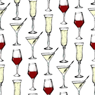 Drinks - Seamless Pattern With Champagne, Wine And Vermout