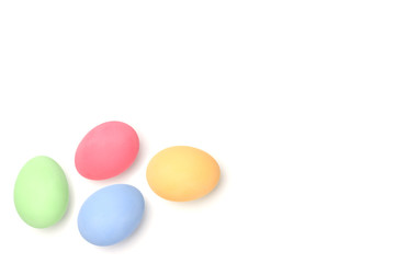four colorful easter eggs isolated on white background without pattern on eggs shell