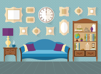 living room in flat style. Interior with furniture and accessories in blue color. Vector illustration. Shelves with souvenirs, accessories and books.