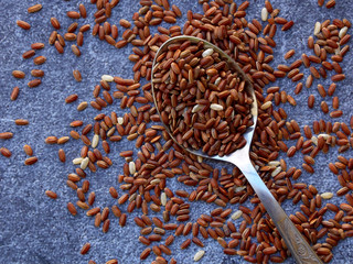 brown rice in spoon on grey background. Top view. Copy space