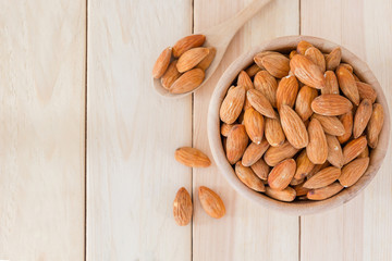 Almonds nut in wooden bowl on wooden table, Top view with copy space and text.