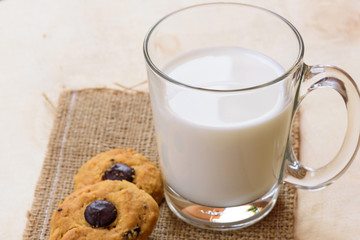 Fresh healthy milk and cookies on table for breakfast time.