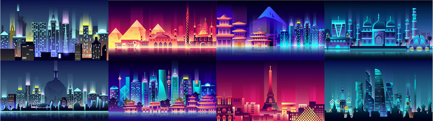 Brazil Russian France, Japan, India, Egypt China USA city night neon style architecture buildings town country travel