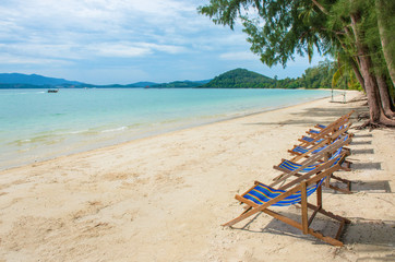 Sunbed on topical beach ,Beach chairs on sand