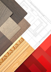 Interior design worktable with illustrations and materials