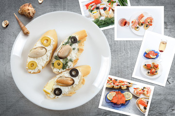 Beautiful snapshots of various italian sandwiches with seafood arranged on rustic wooden background with plates with food and seashells