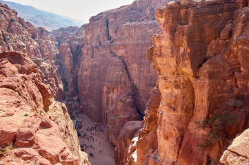 The path leading to beautiful view of Treasury from top of the canyon. Petra mountains, Jordan.