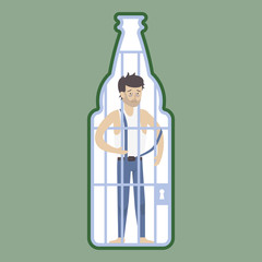 Alcoholism concept illustration. Alcoholic in bottle jail, locked. Drunk sad addicted man.
