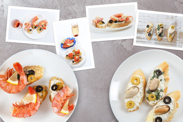 Beautiful snapshots of various italian sandwiches with seafood arranged on rustic wooden background with plates with food and seashells