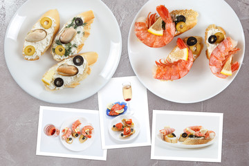 Beautiful snapshots of various italian sandwiches with seafood arranged on rustic wooden background with plates with food and seashells