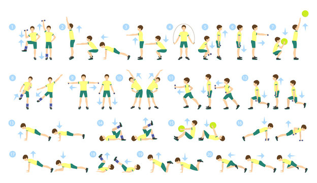 Exercises for kids set. Workout for boys. Exercises for whole body with weights, jumping rope and fit ball. Healthy lifestyle for children.