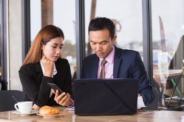 Asia business people or businessman and businesswoman working, Portrait business concept.