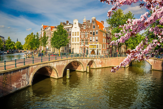 Bridges over canals in Amsterdam at spring