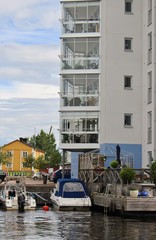 Modern architecture in Karlstad, Sweden, Europe: Residential buildings with glazed loggias for each...