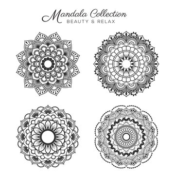 Set of mandala decorative and ornamental design for coloring page, greeting card, invitation, tattoo, yoga and spa symbol. Vector illustration