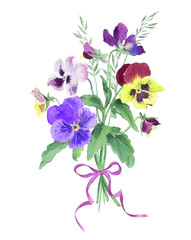 Bouquet of pansies with a bow, watercolor.