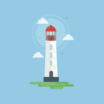 Isolated simple lighthouse with marine landscape as clouds and shore