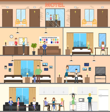 Motel interior set. Guest room, reception and berdrooms.Staff and residents.