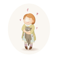 Cute vector illustration of cat in embraces of a little girl. The story of a great love child.