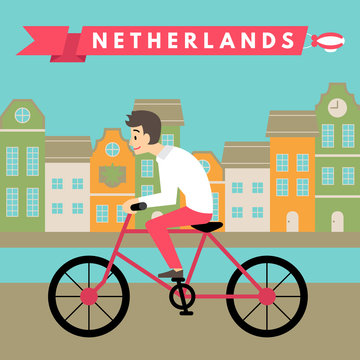 Vector illustration of man riding bicycle in Amsterdam, Netherlands