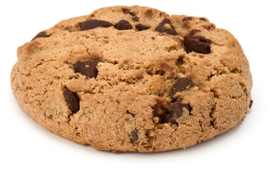 One Chocolate chip cookie isolated on white background. Sweet biscuit. Homemade pastry.