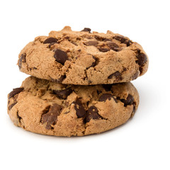 Two Chocolate chip cookies isolated on white background. Sweet biscuits. Homemade pastry.