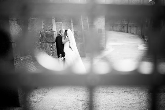 Black and white silhouette of newly married couple hugging at park in sun rays