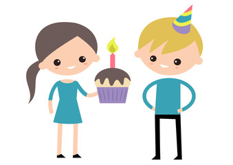 Celebrating Birthday. Boy and Girl. Birthday party / flat editable vector illustration