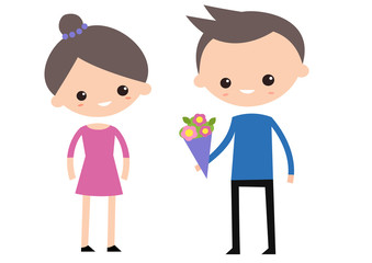 A boy giving flowers to a girl / flat editable vector illustration, clip art