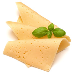 cheese slices and basil herb leaves isolated on white background cutout