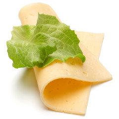 cheese sliceand salad leaves isolated on white background cutout