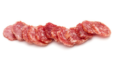 Salami smoked sausage slices isolated on white background cutout