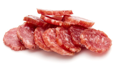 Salami smoked sausage slices isolated on white background cutout