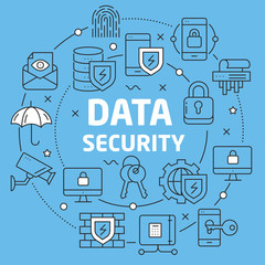 Linear illustration for presentations on blue background data security