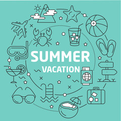 Linear illustration for presentations on green background summer vacations