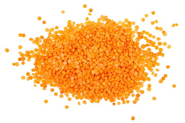  pile red lentils isolated on white background and texture, top view