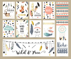 Card template collection for banners,Flyers,Placards with feather,fox,monkey and arrow in boho style © piixypeach